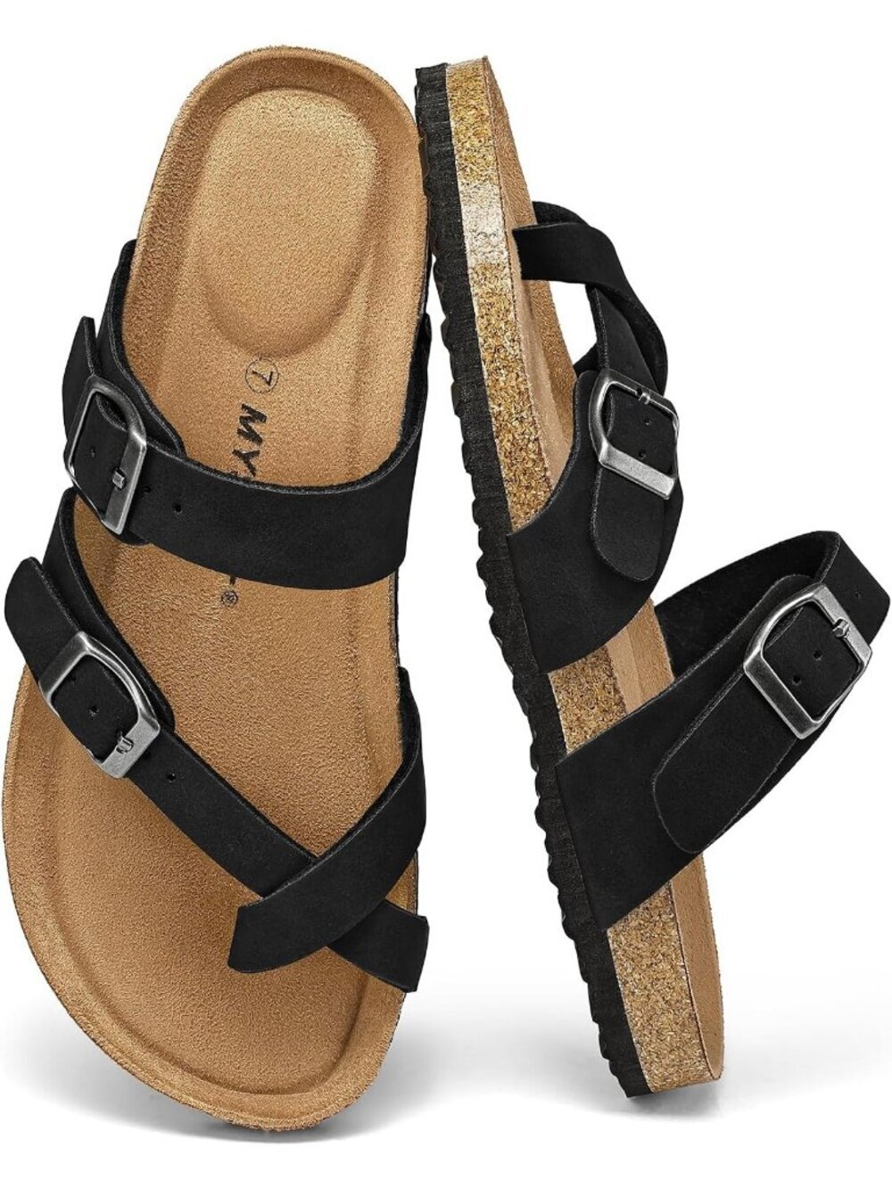 Women's Black Nubuck Adjustable Buckle Slide Cork Footbed Slip On Sandal Shoes